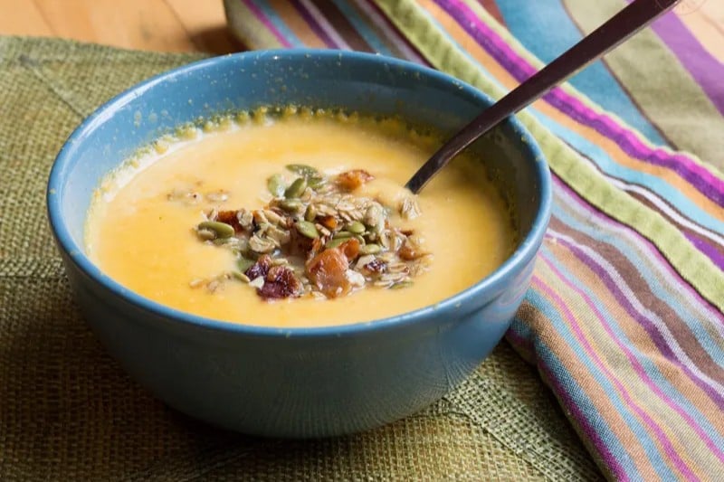 Apple and Brie Soup with Bacon and Pumpkin Seed Granola