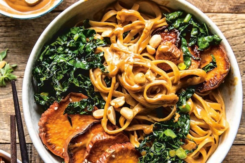 Saucy Garlic Peanut Noodles with Sesame Sweet Potatoes